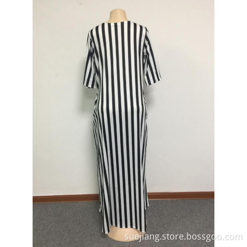 Women Loose Summer Striped Dress with Short Sleeve